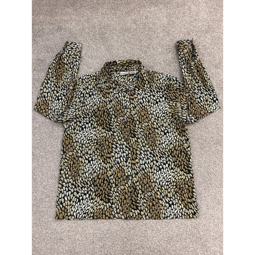 Liz Baker Button Down Shirt Womens 12 Tan Black Excellent Abstract Print Top